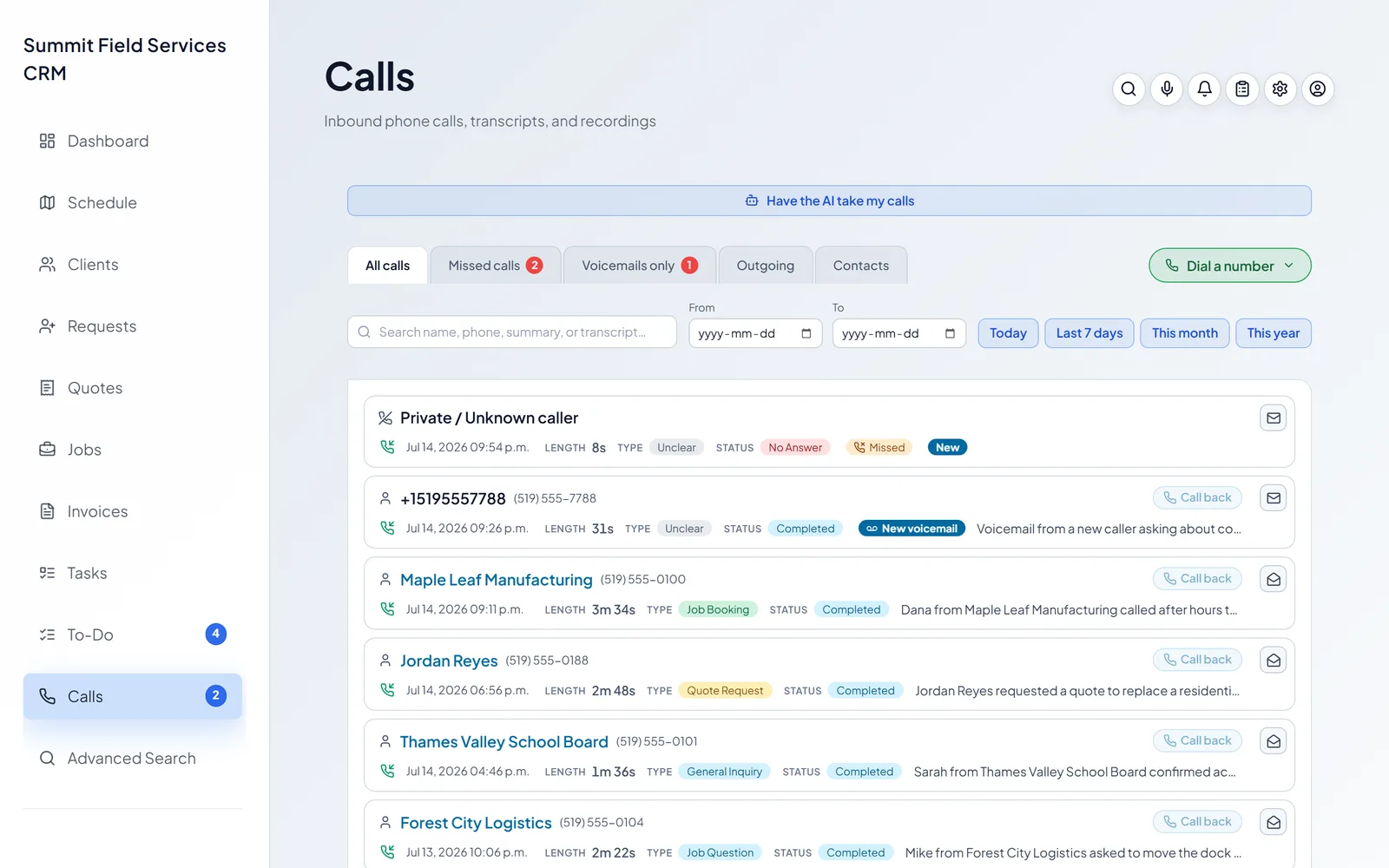 The AI receptionist's call log, showing intents, transcripts, and voicemail