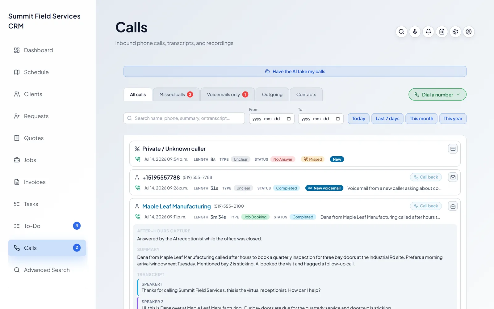 A call detail screen showing the auto-transcription, AI summary, and diarized transcript