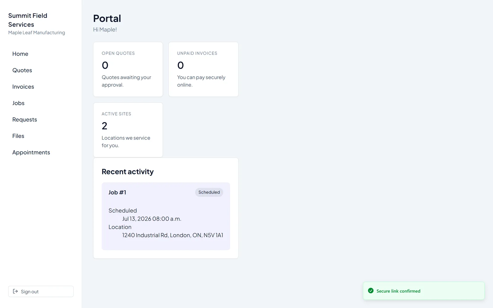 A customer's self-serve portal, showing their open invoice and upcoming job