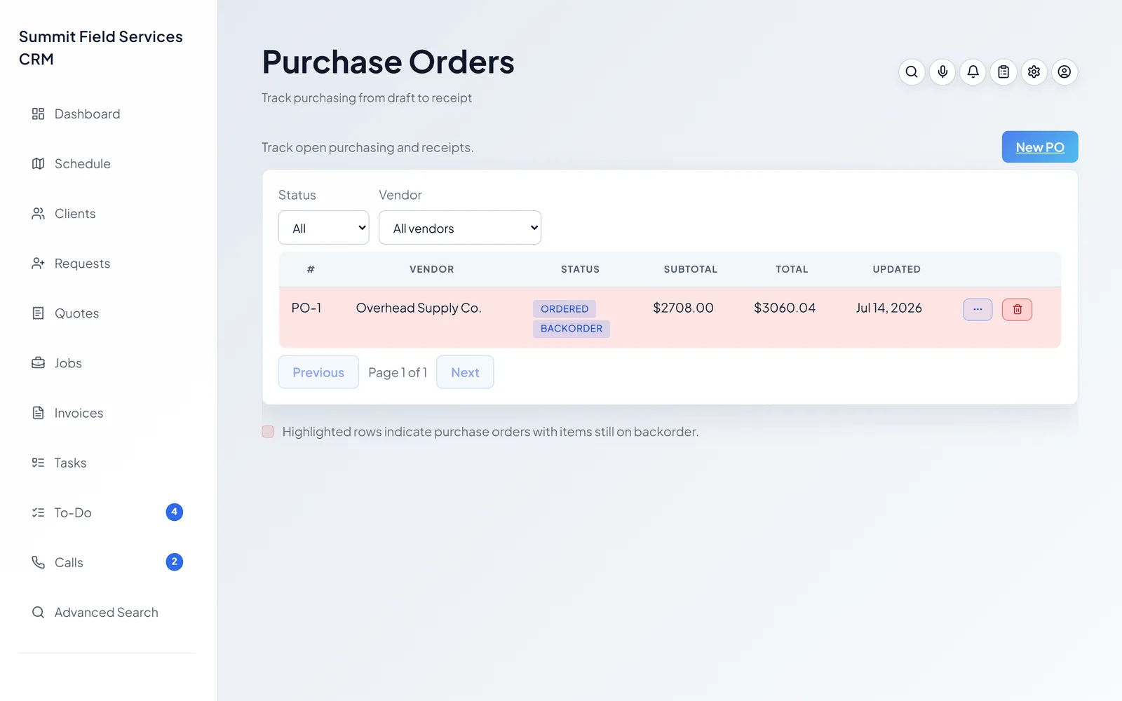 Purchase orders with real vendor pricing and backorder flags