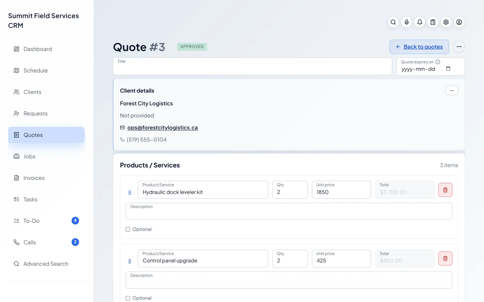 An approved quote with line items, pricing, and deposit controls