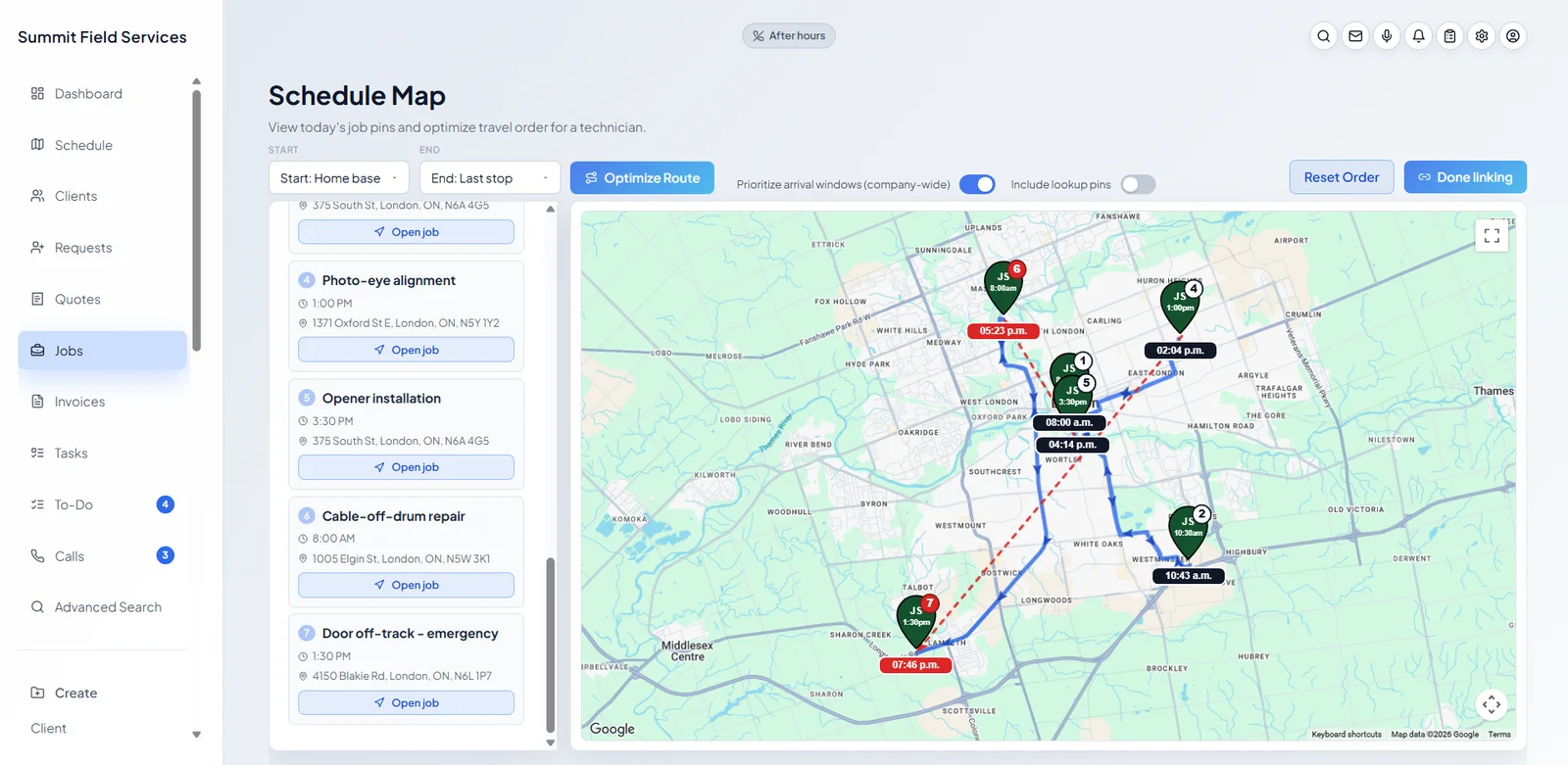 The dispatch map with one click optimized route drawn for a technician's day