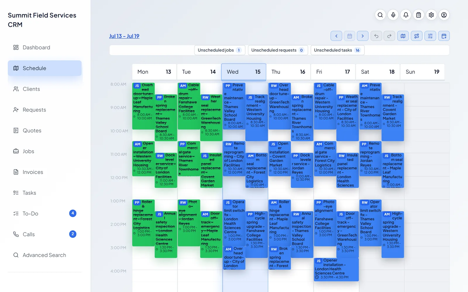 A full week on the dispatch board, with real jobs assigned across the team