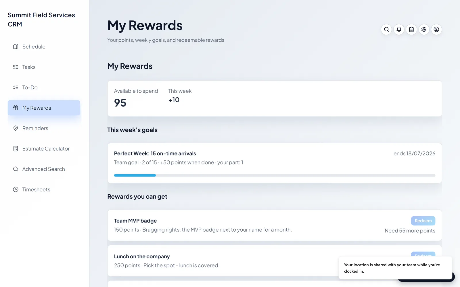The team rewards screen, showing points, a redeemable catalog, and a leaderboard