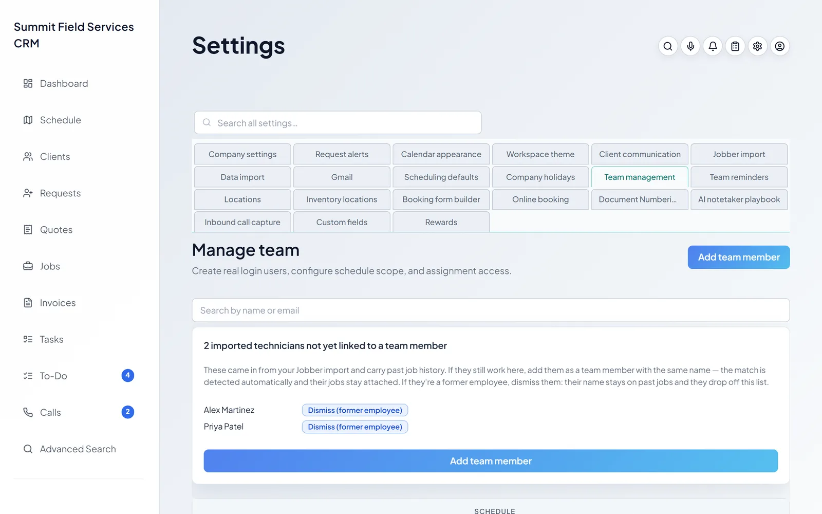 The team roster with roles and schedule scope