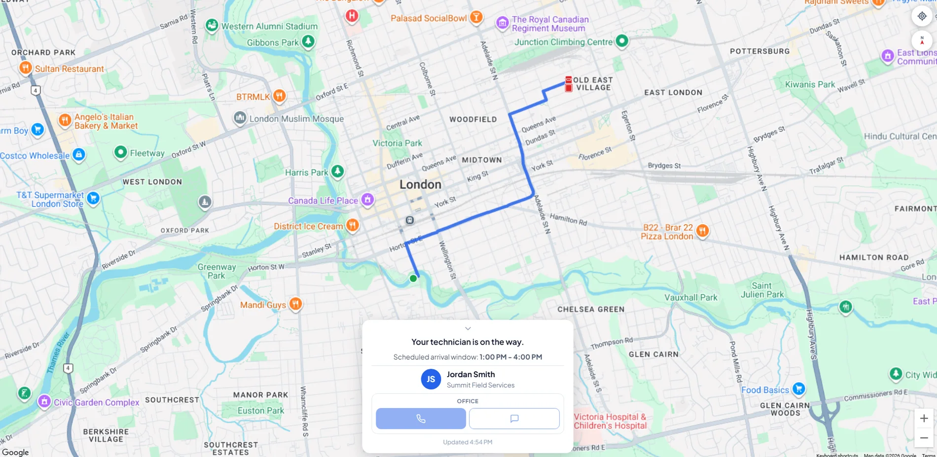 A customer's live tracking page showing their technician en route with an ETA